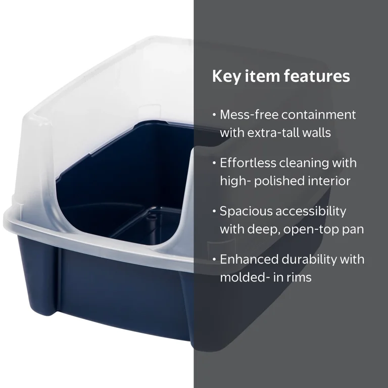 IRIS USA, Open Top Cat Litter Box with Shield, Navy, Extra-Tall
