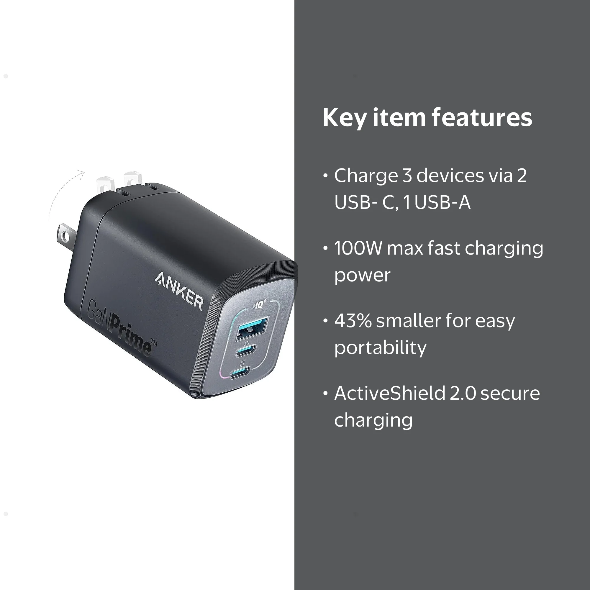 Anker Prime 100W USB C Wall Charger, 3-Port Rapid Power Plug for