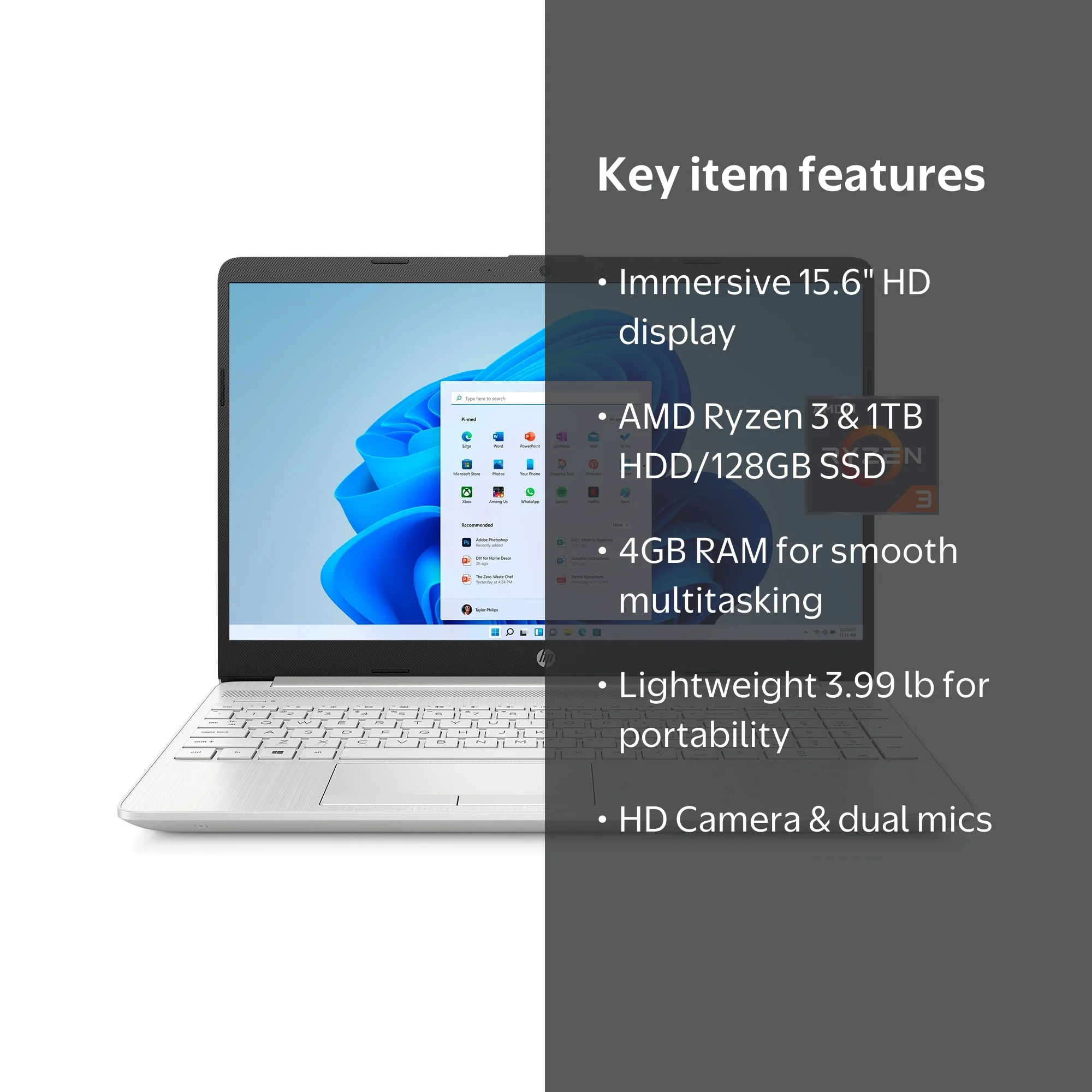 HP, Laptop, 15-gw0010wm, AMD Ryzen 3 3250U, 15.6 inch HD display