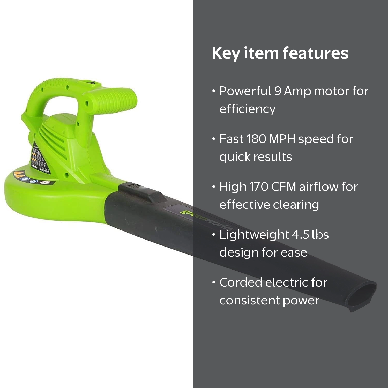 Greenworks 9 Amp (170 Cfm /180 mph) Corded Electric Leaf Blower