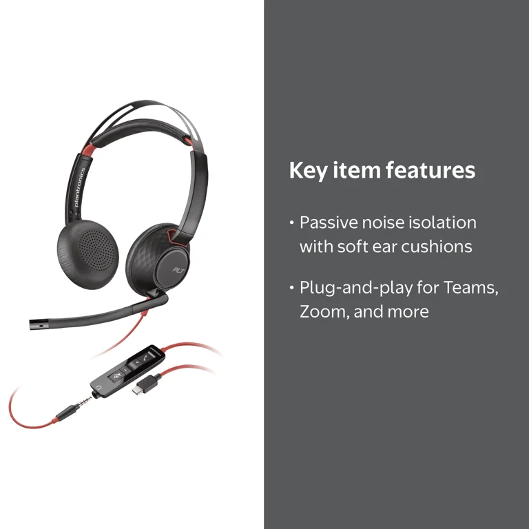 Poly Blackwire 5220 Wired Headset (Plantronics) - Flexible Noise