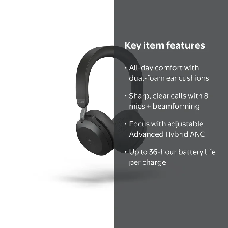 Jabra Evolve2 75 Wireless Bluetooth Headset, Black, with