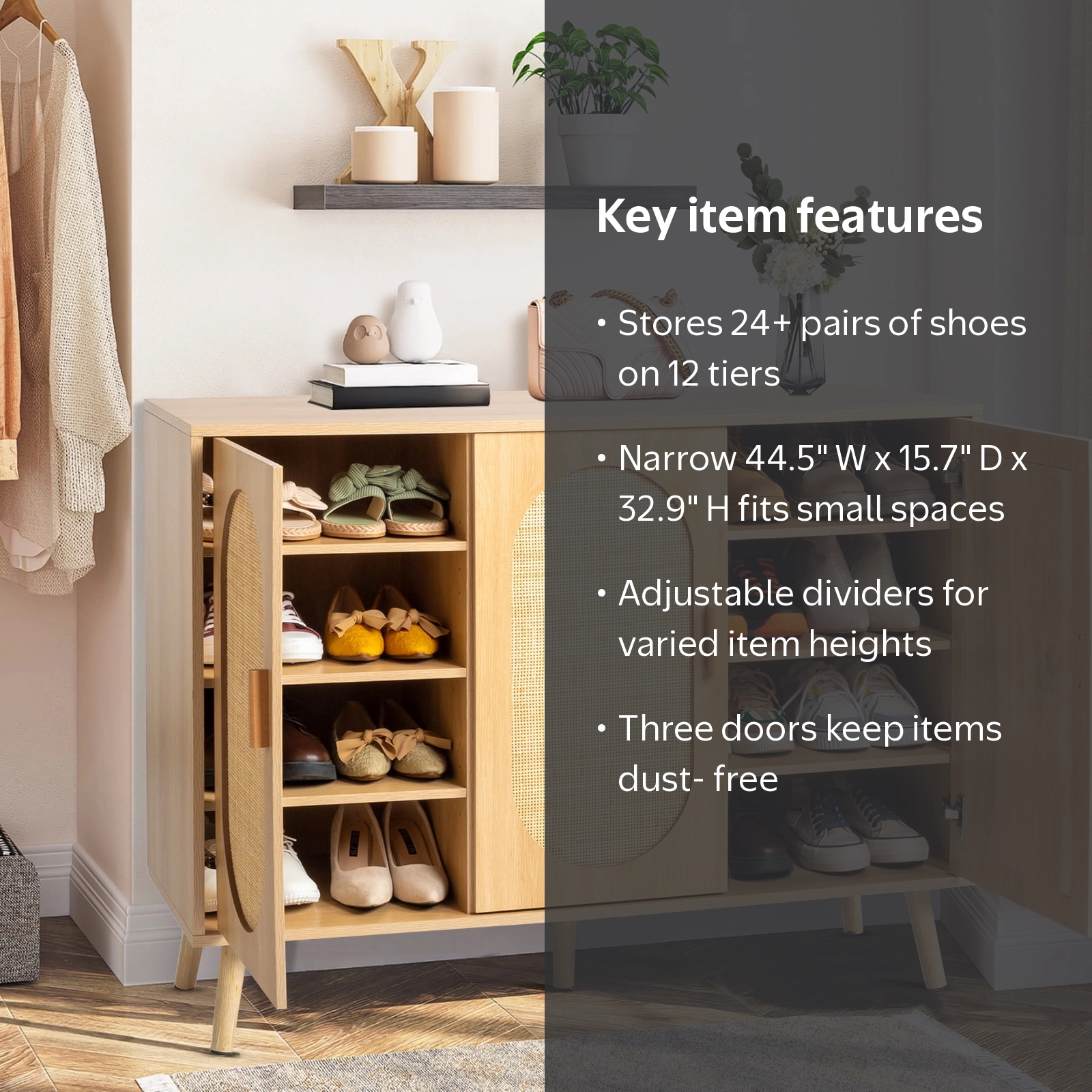 Ktaxon 12-Tier Shoe Storage Cabinet, 3-Door Rattan Shoe Rack