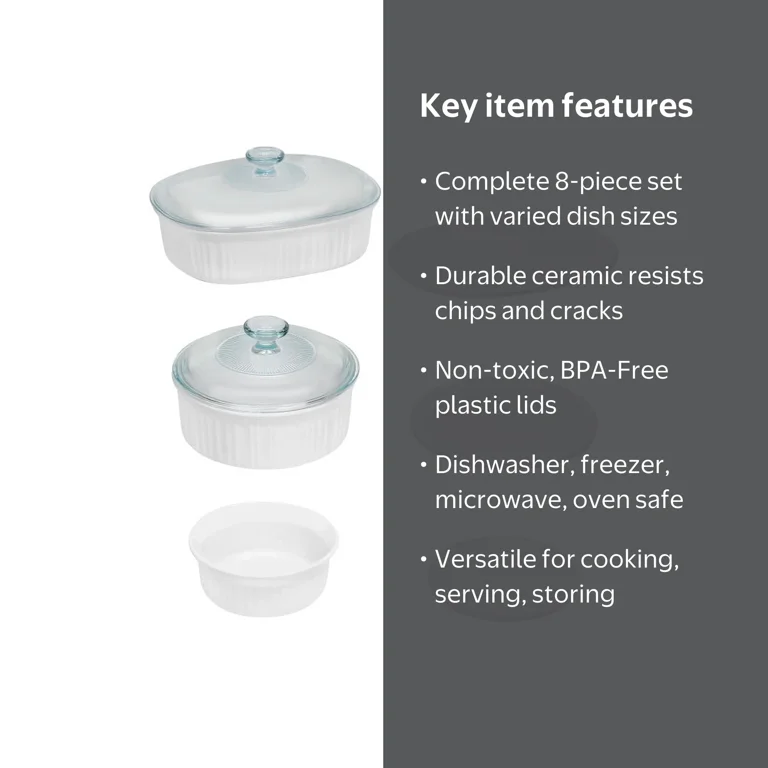CorningWare French White 8-Piece Ceramic Stoneware Casserole Set