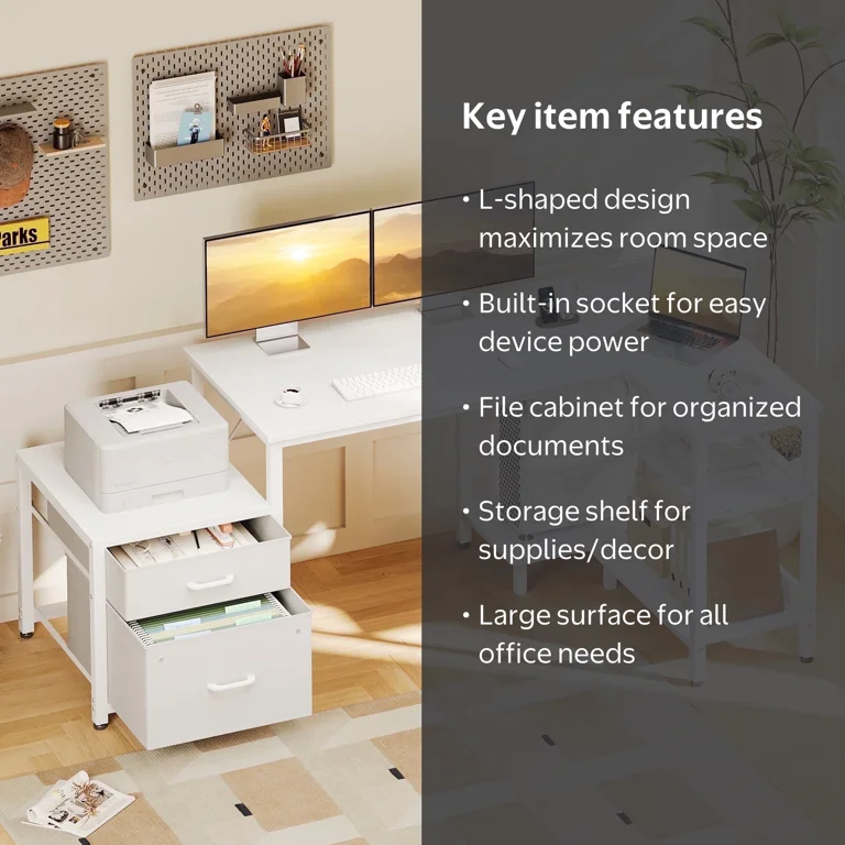Casacomoda L Shaped Desk with Power Outlets, Large Computer Desk