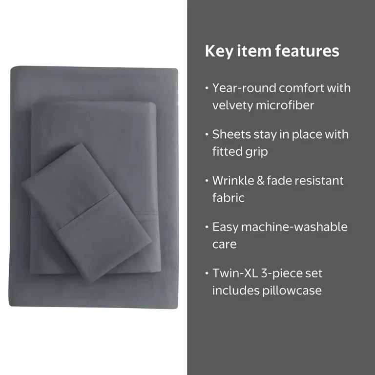 Mainstays Super Soft Microfiber Bed Sheet Set Twin XL Gray 3 Piece