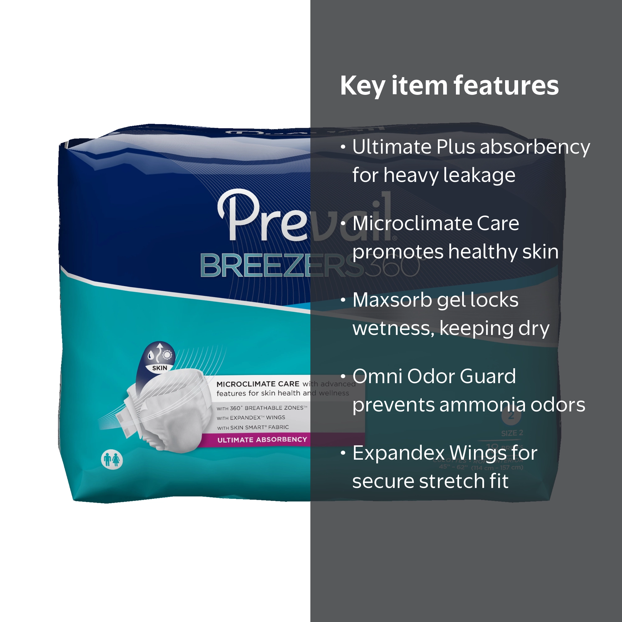 Prevail Breezers 360 Max Absorbency Incontinence Briefs, Size 2