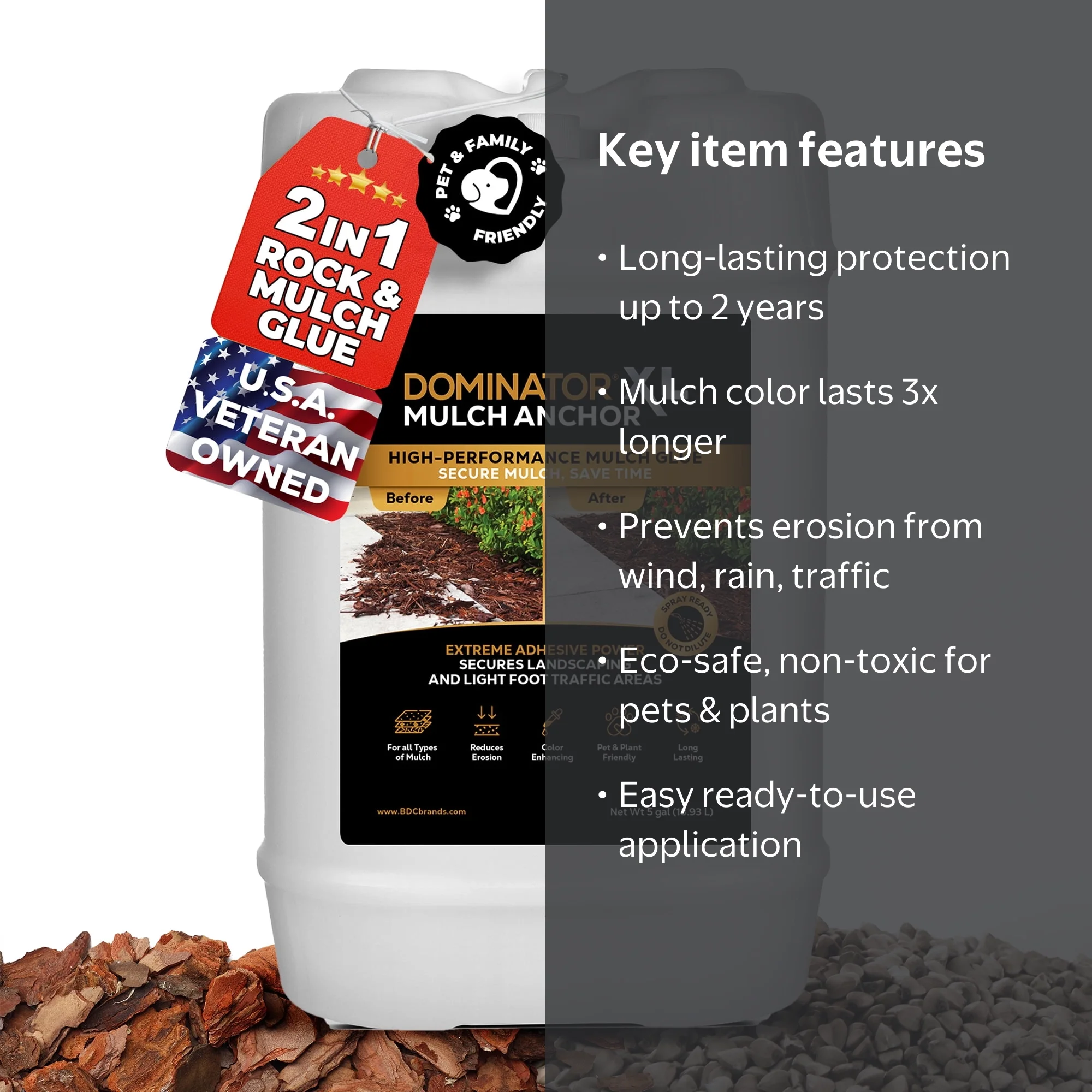 DOMINATOR Mulch Anchor XL, 5 Gallon, Mulch Glue & Pea Gravel