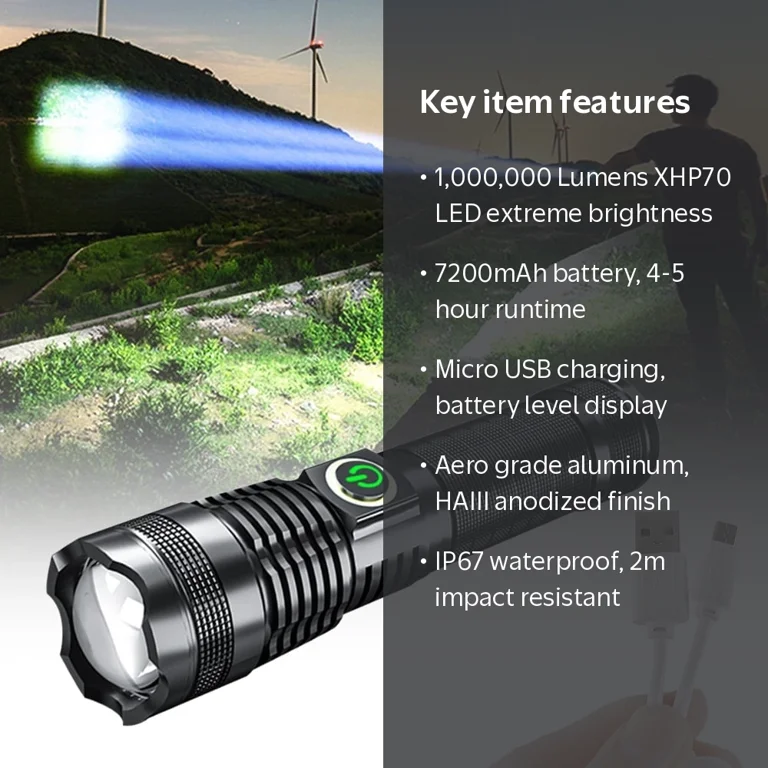 ZHANGHENG, Rechargeable LED Flashlight, 1000000 Lumens Xhp70