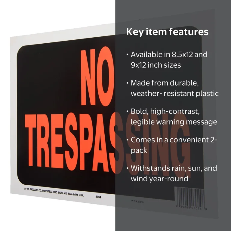 2 pack) Hy-Ko 8.5 x 12 Plastic No Trespassing Property Sign, Bold