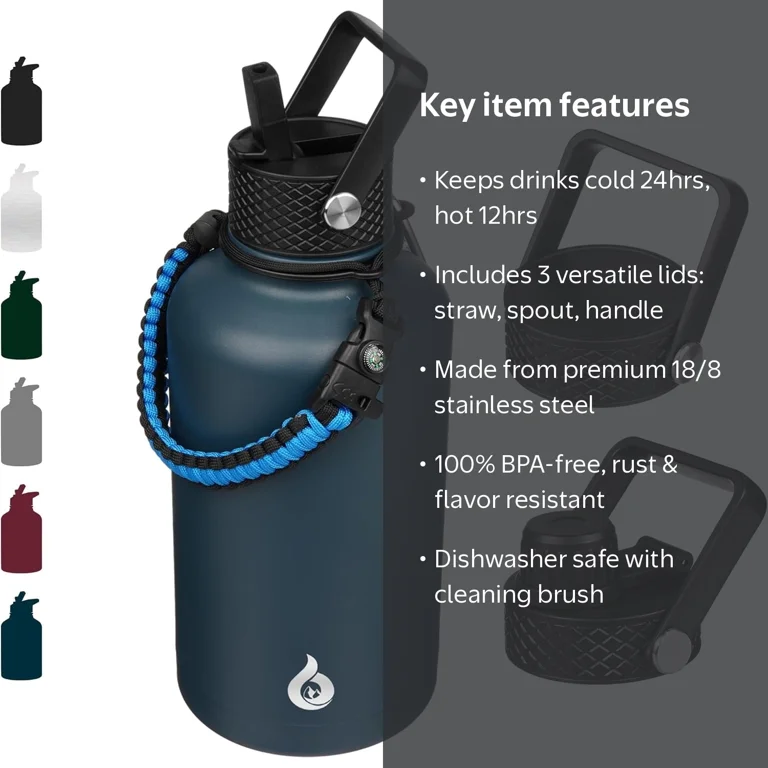 BJPKPK Half Gallon Insulated Water Bottle, 64oz, Stainless Steel