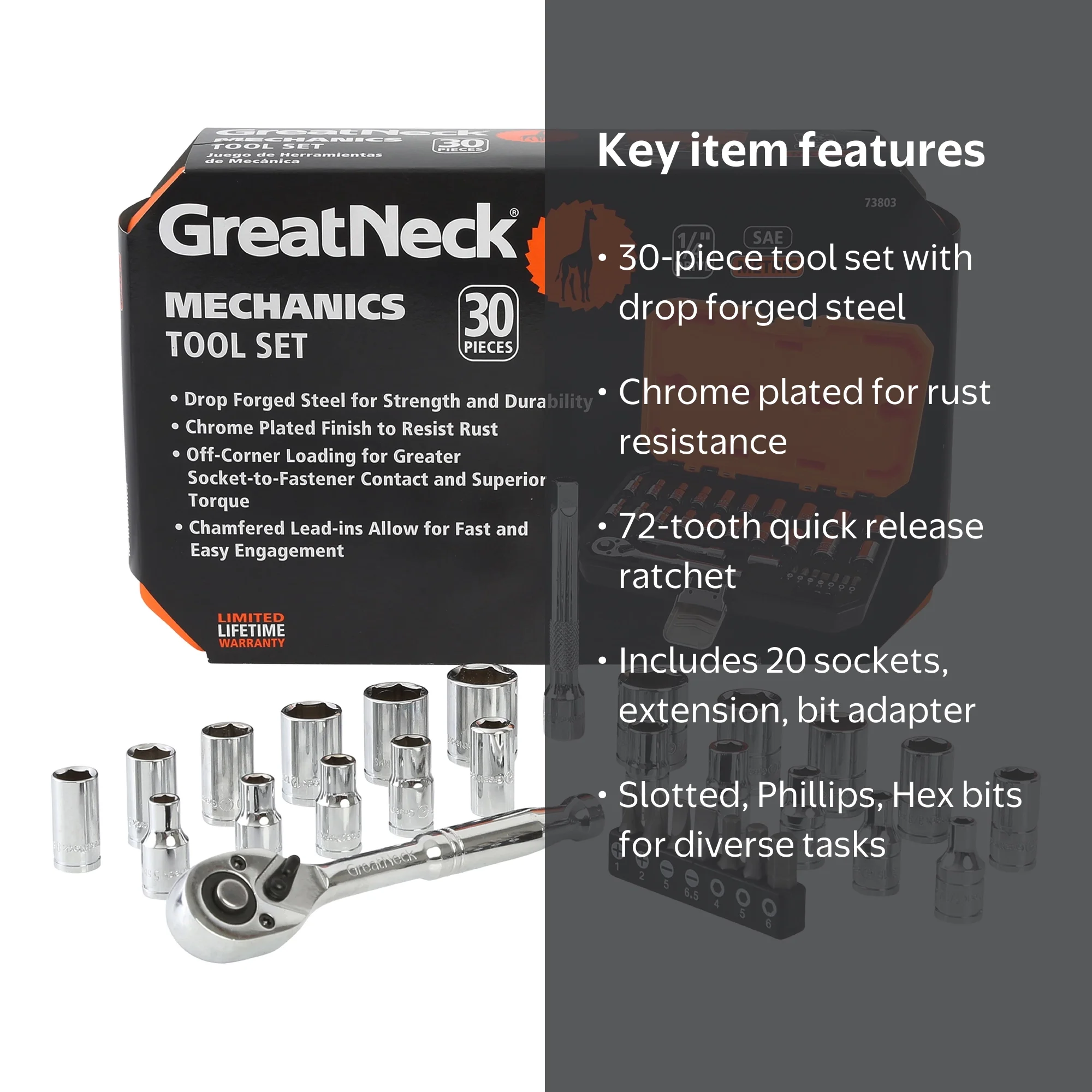 GreatNeck Mechanic's Tool Set, 30 Pieces, for Routine Auto