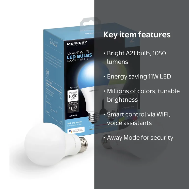 Merkury Innovations A21 Smart Multicolor LED Bulb, 75W, Dimmable