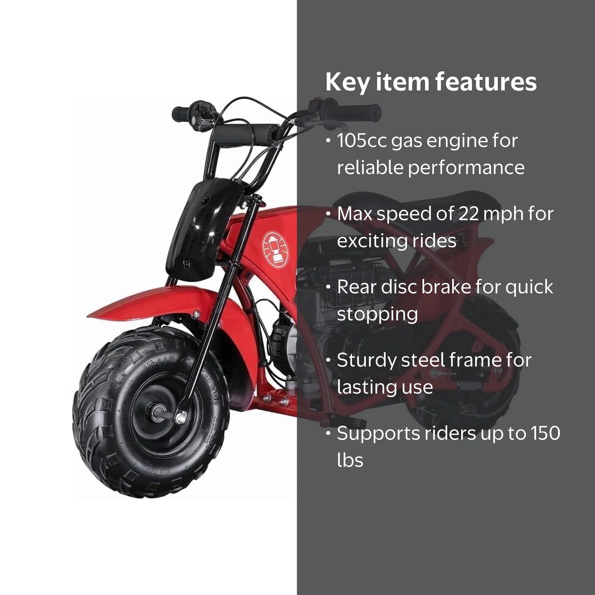 coleman 100 mini bike walmart Coleman Powersports B100 105cc Gas Powered Mini Bike, 22 MPH, Red