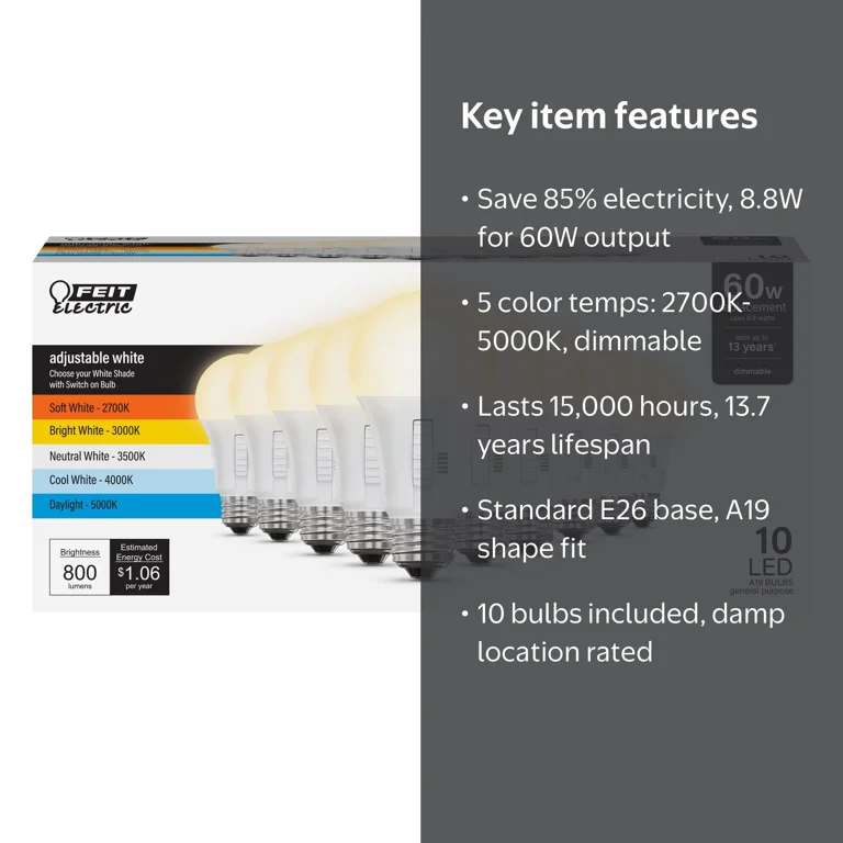 Feit Electric, LED Light Bulb, 8.8W 60W Equivalent, Selectable