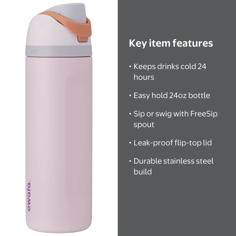 Owala FreeSip Stainless Steel Water Bottle, 24oz, Sugar Spice Pink
