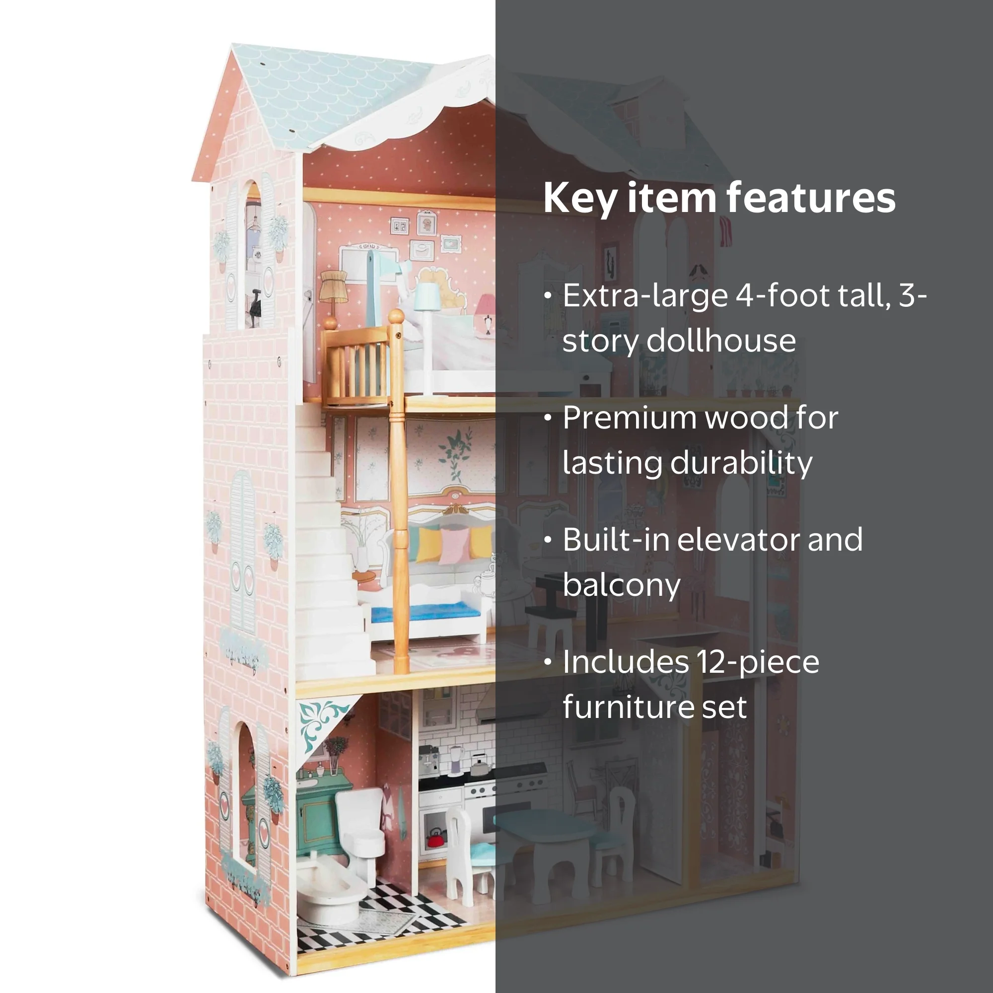 Lil' Jumbl 3-Story Wooden Dollhouse with Elevator, Accessories
