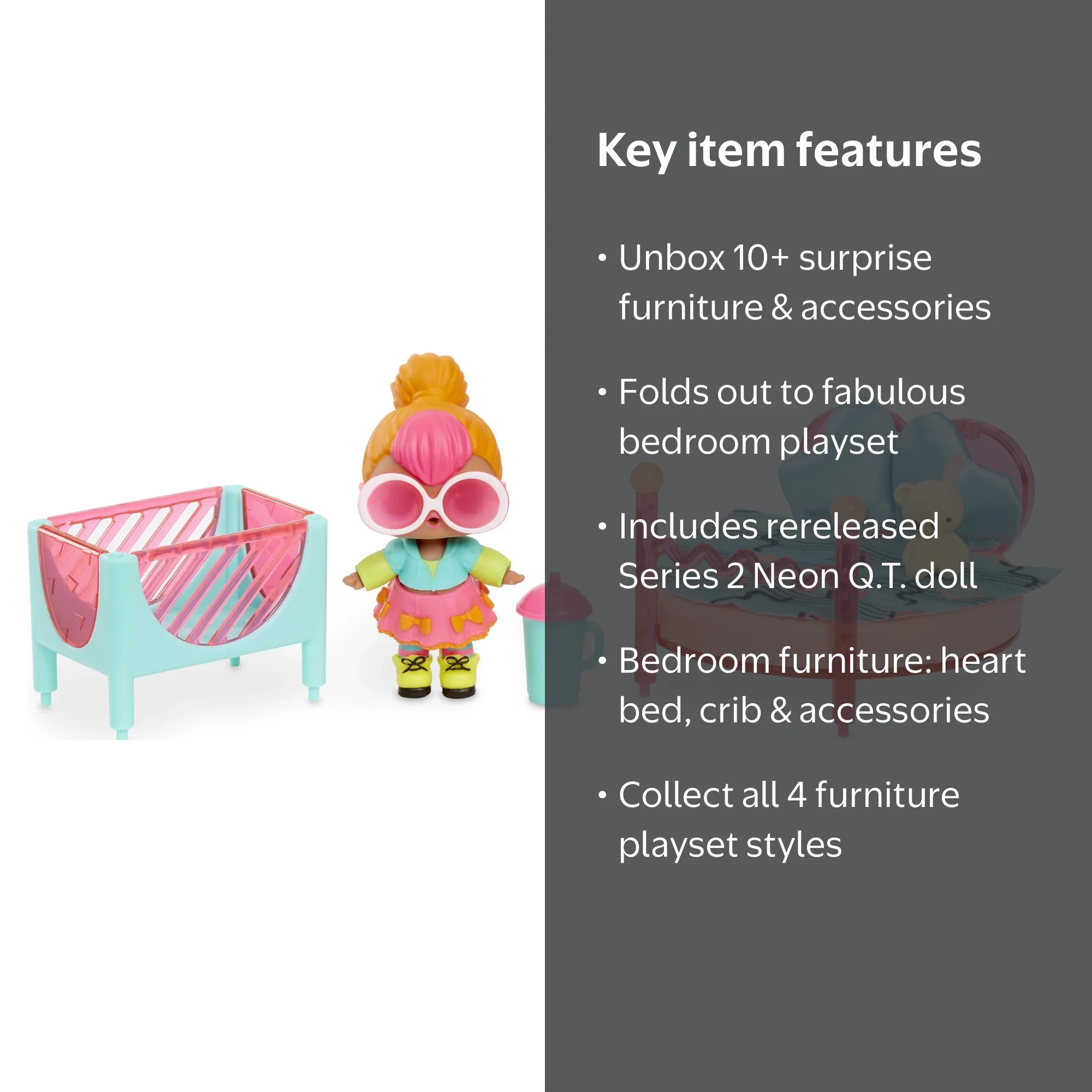 LOL Surprise Furniture Bedroom Playset With Neon Q.T Doll & 10+