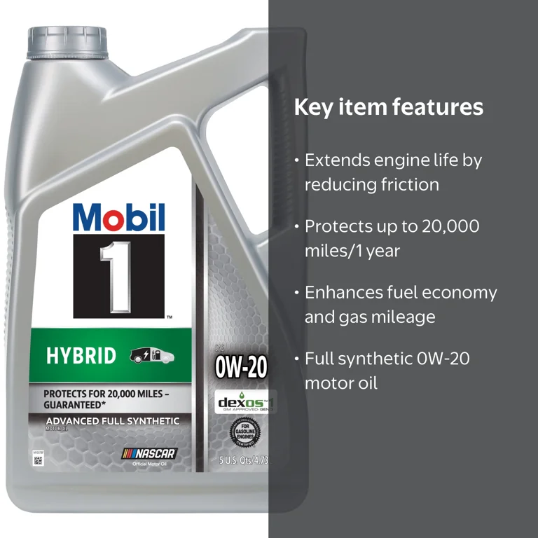 Mobil 1 Hybrid 0W-20 Advanced Full Synthetic Motor Oil, 5 Quart
