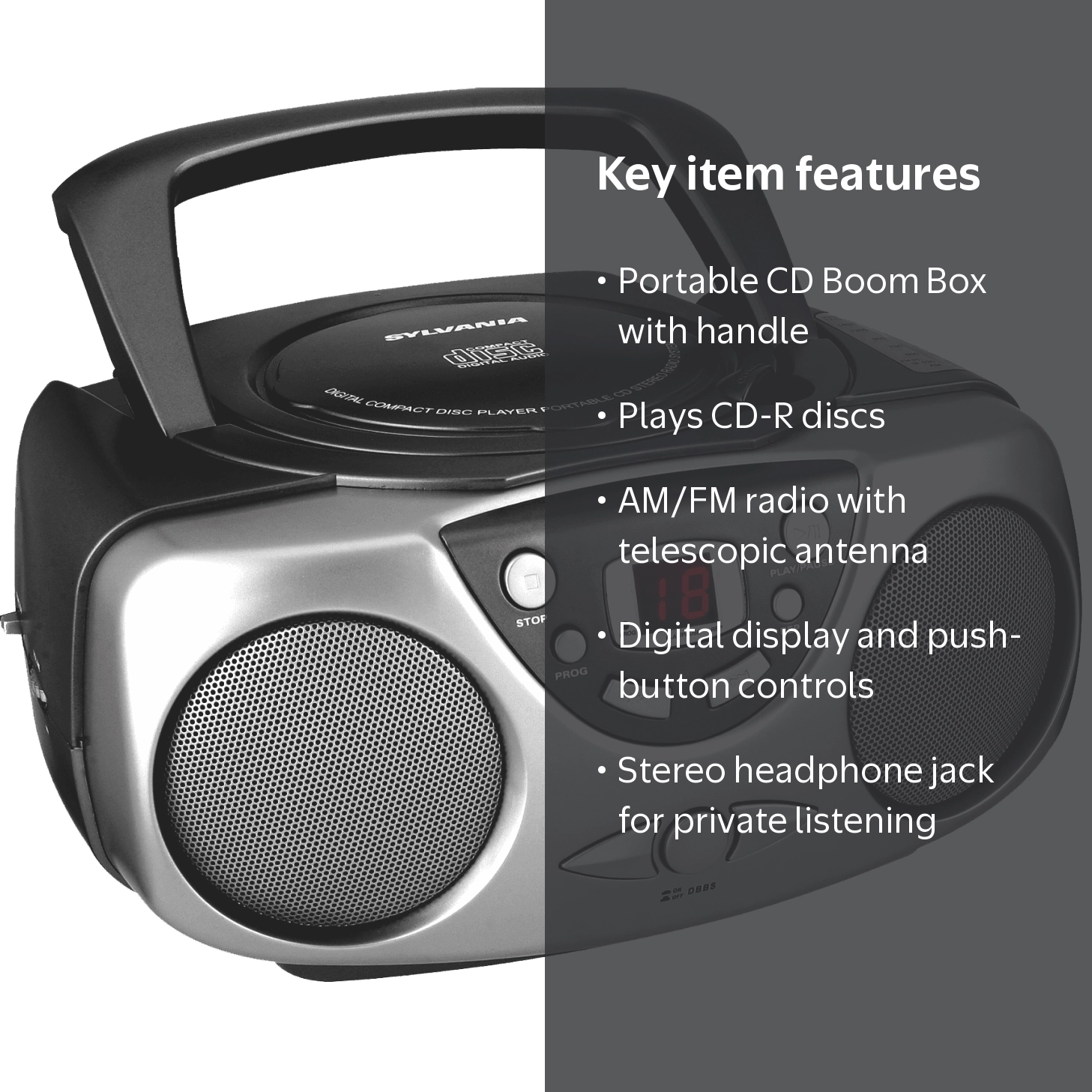 Sylvania Portable AM/FM Radio Stereo Boombox with Headphone Jack