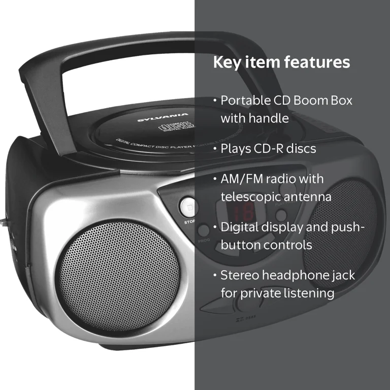 Sylvania Portable AM/FM Radio Stereo Boombox with Headphone Jack
