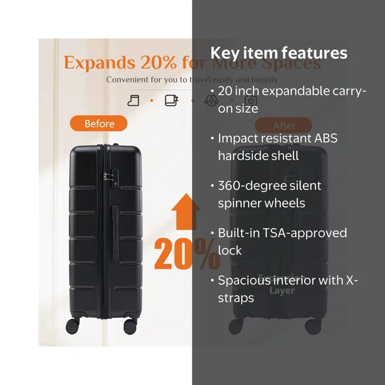 JIOABL 20 Inch Carry On Luggage Expandable Hardside Suitcases with