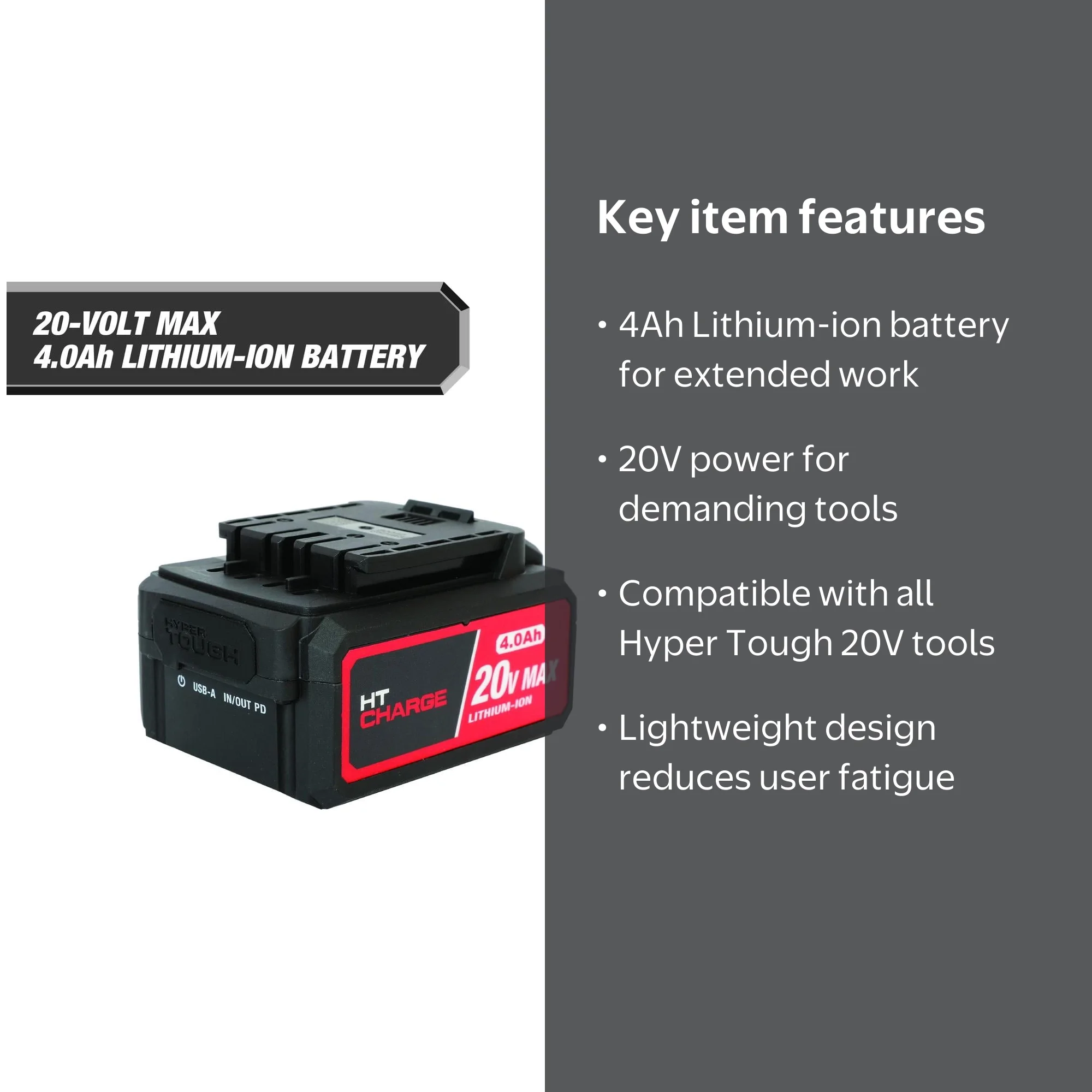 Hyper Tough 20V Lithium-Ion 4.0Ah Rechargeable Battery with USB-C