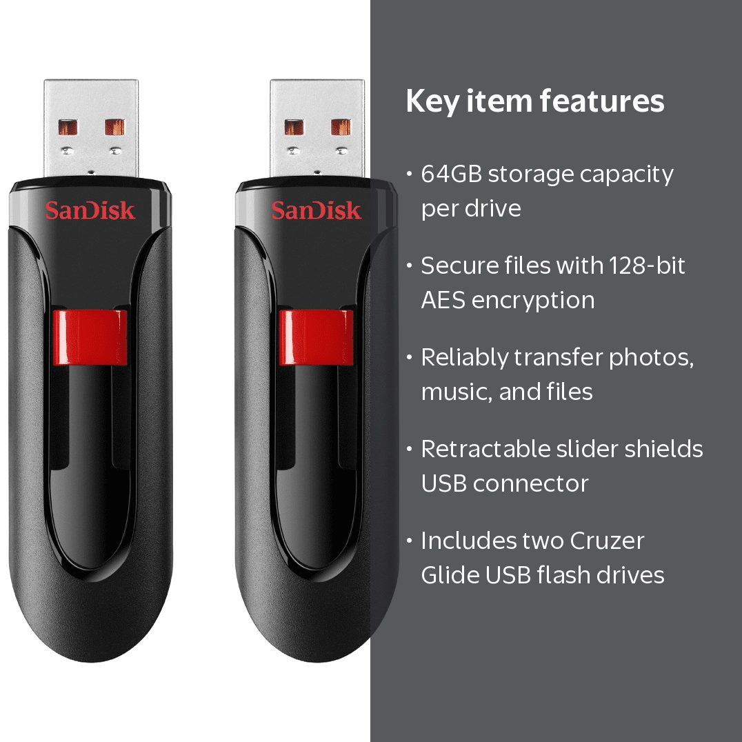 SanDisk Cruzer Glide 64GB USB 2.0 Flash Drive 2 Pack - Memory