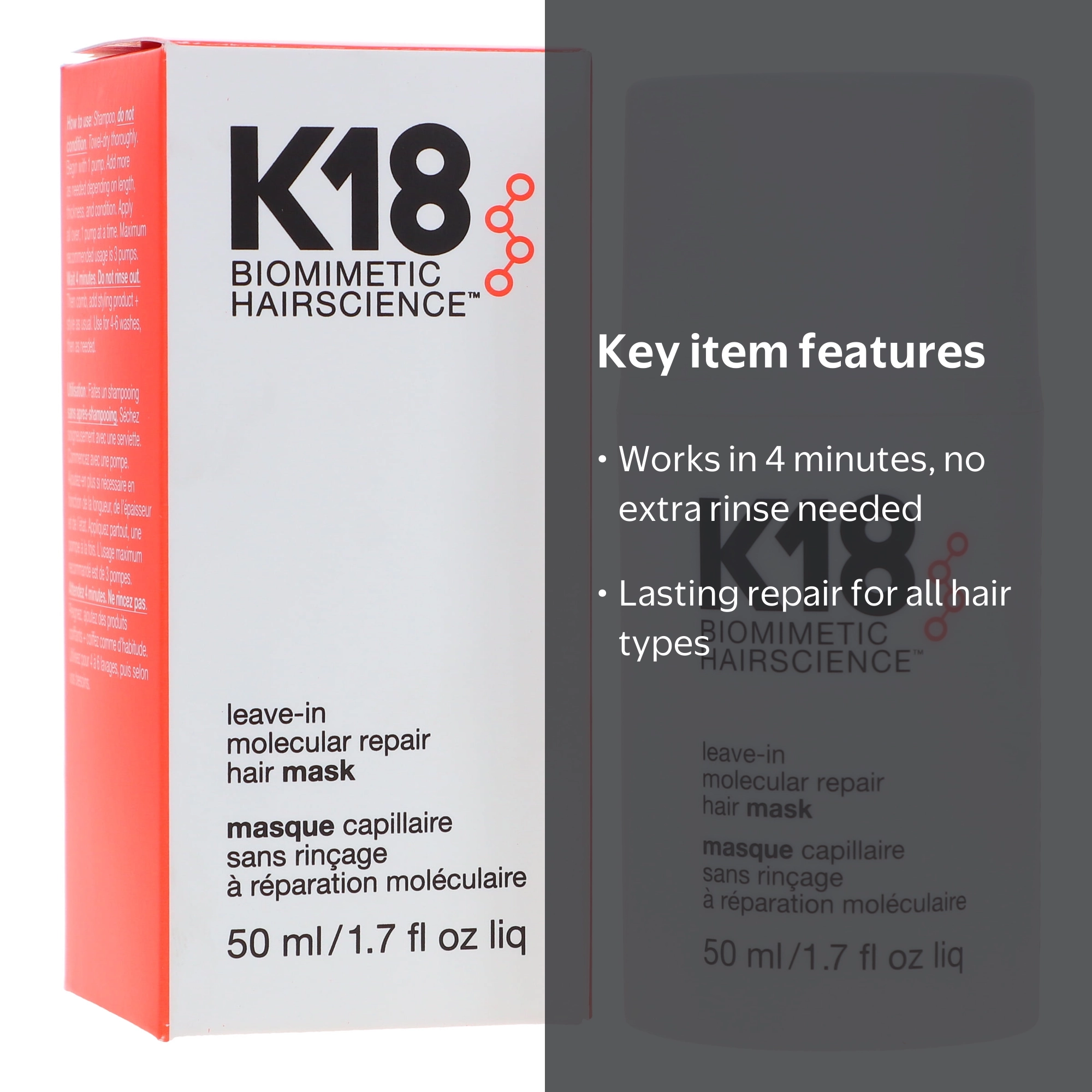 K18 Leave-In Molecular Repair Hair Mask 1.7 oz - Good for Damaged