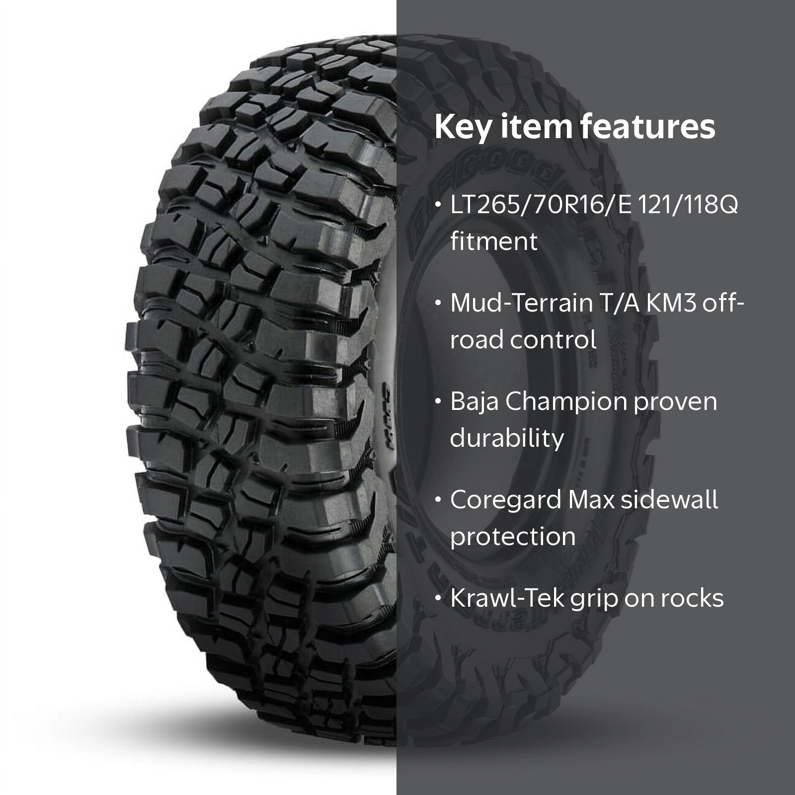 KMCロックスター3 BFGoodrich Mud-Terrain T/A Free Shipping! BFGoodrich Mud-Terrain T/A KM3 Tire LT265/70R16/E