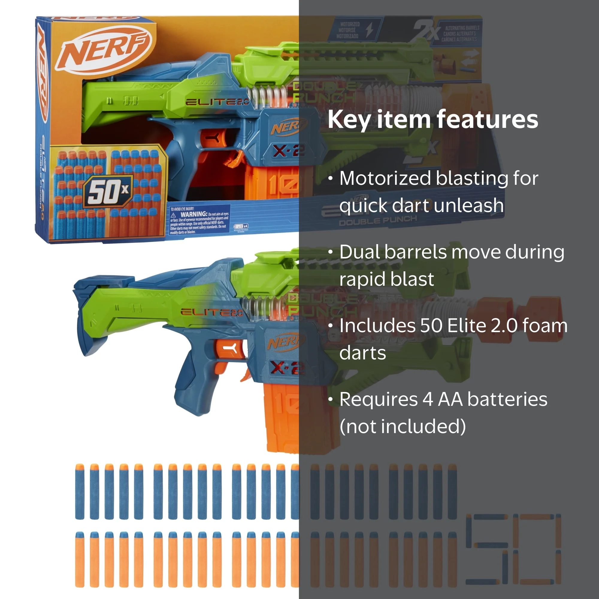 Nerf Elite 2.0 Double Punch Motorized Blaster, Double Barrels, 2x