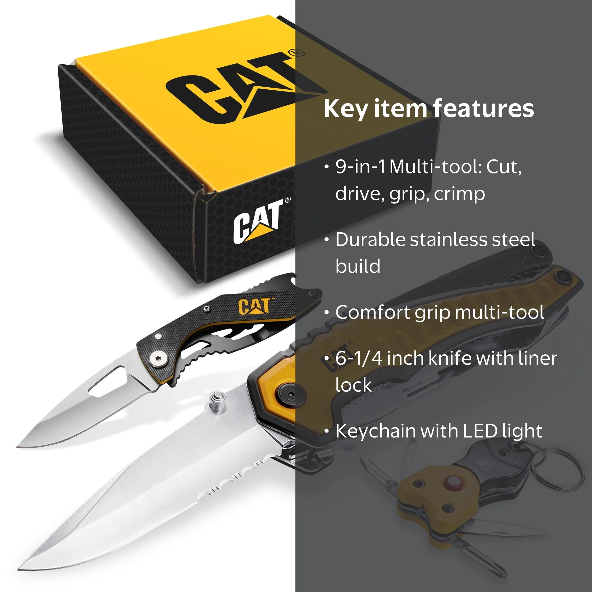 Cat 3 Piece 9-in-1 Multi Tool, Folding Knife and Lighted Key Chain