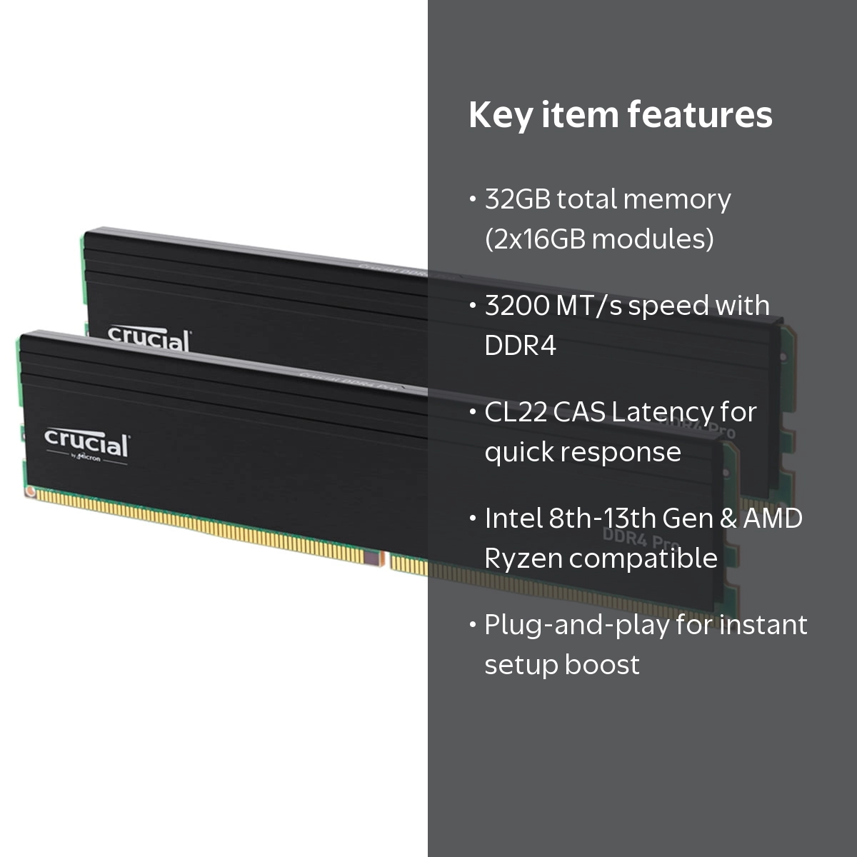 Crucial, Memory DeskTop, 32GB (2 x 16GB) DDR4 3200 MHz, Multicolor