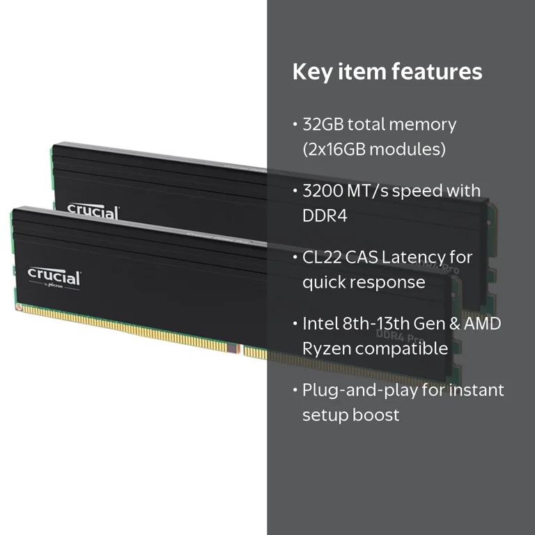 Crucial, Memory DeskTop, 32GB (2 x 16GB) DDR4 3200 MHz, Multicolor Crucial, Memory DeskTop, 32GB (2 x 16GB) DDR4 3200 MHz, Multicolor