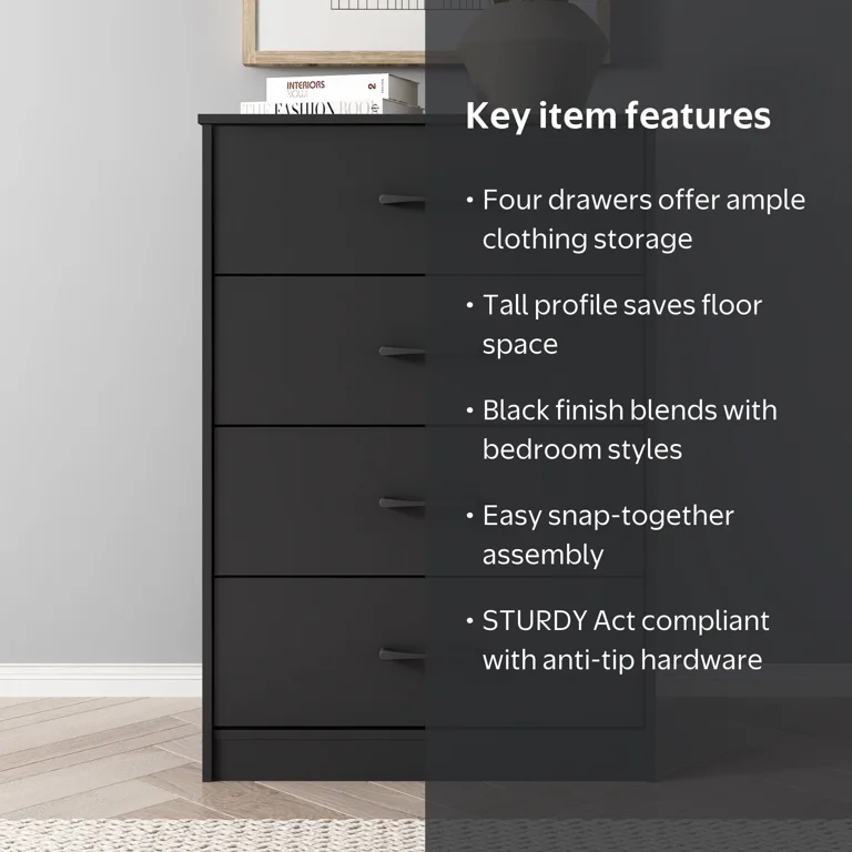 Free Shipping! Mainstays Black 4 Drawer Dresser, Tall and Lean