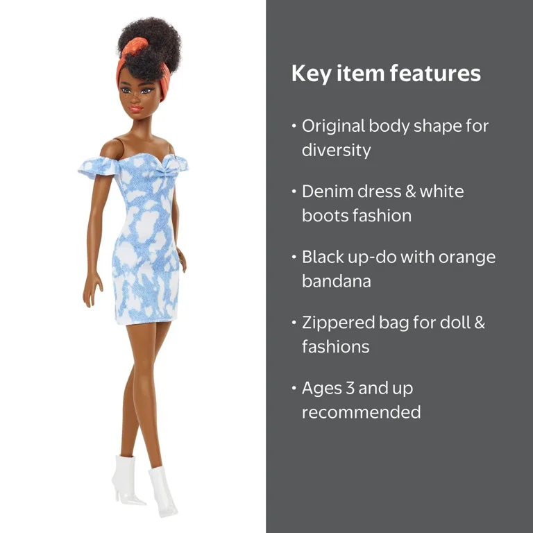 Barbie Fashionistas Doll #185 in Bleached Denim Dress with Black Up-do Hair & Accessories