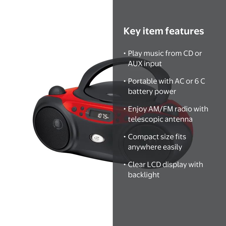 GPX, CD Boombox, AM FM, LED Display, Red Black, Top-Loading Player