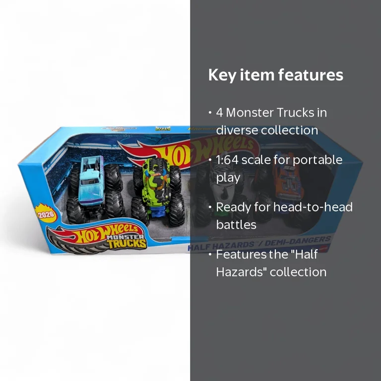 Mattel, Hot Wheels Monster Trucks, 4-Pack Half Hazards, 1:64 Scale