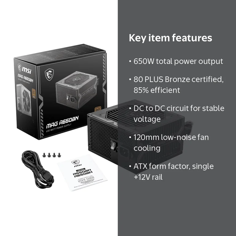 MSI 650W Power Supply - ATX - 85% Efficiency, 12V Single Rail