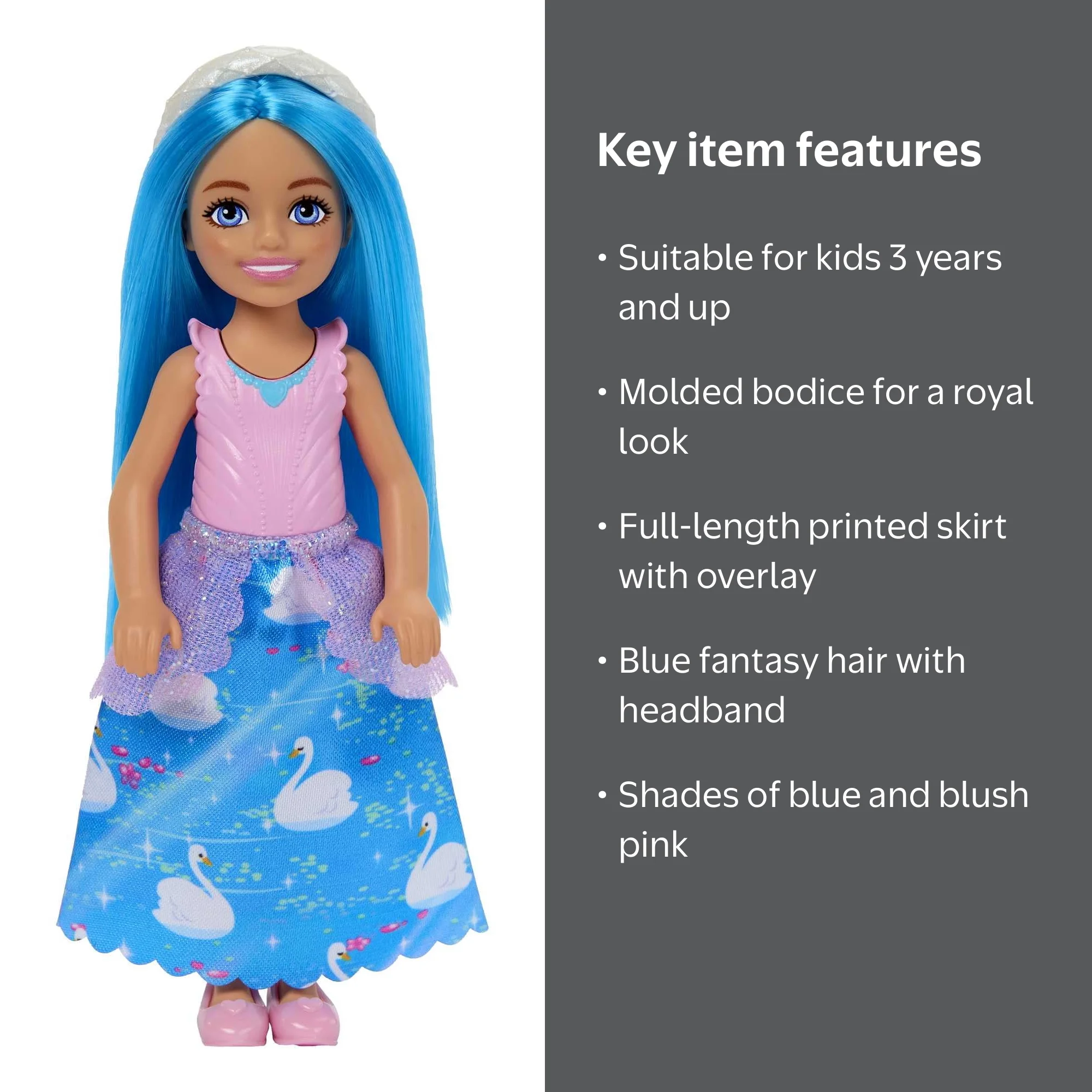 Barbie Royal Chelsea Doll with Blue Hair & Removable Printed Skirt
