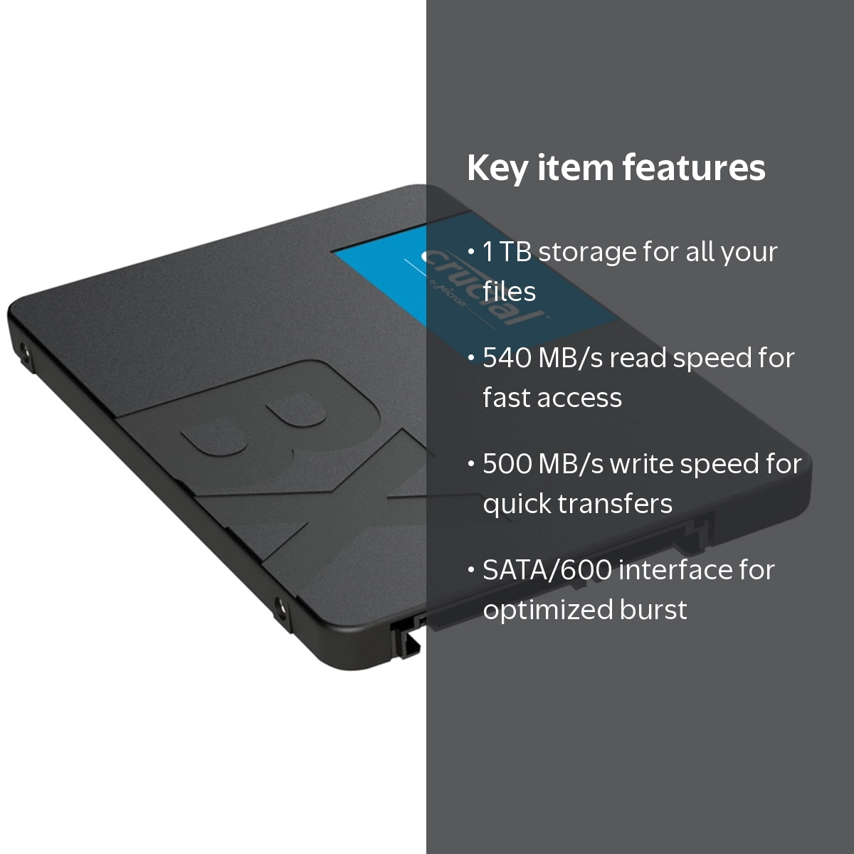 Crucial, Solid State Drive, 1 TB, SATA 600, Black, 2.5