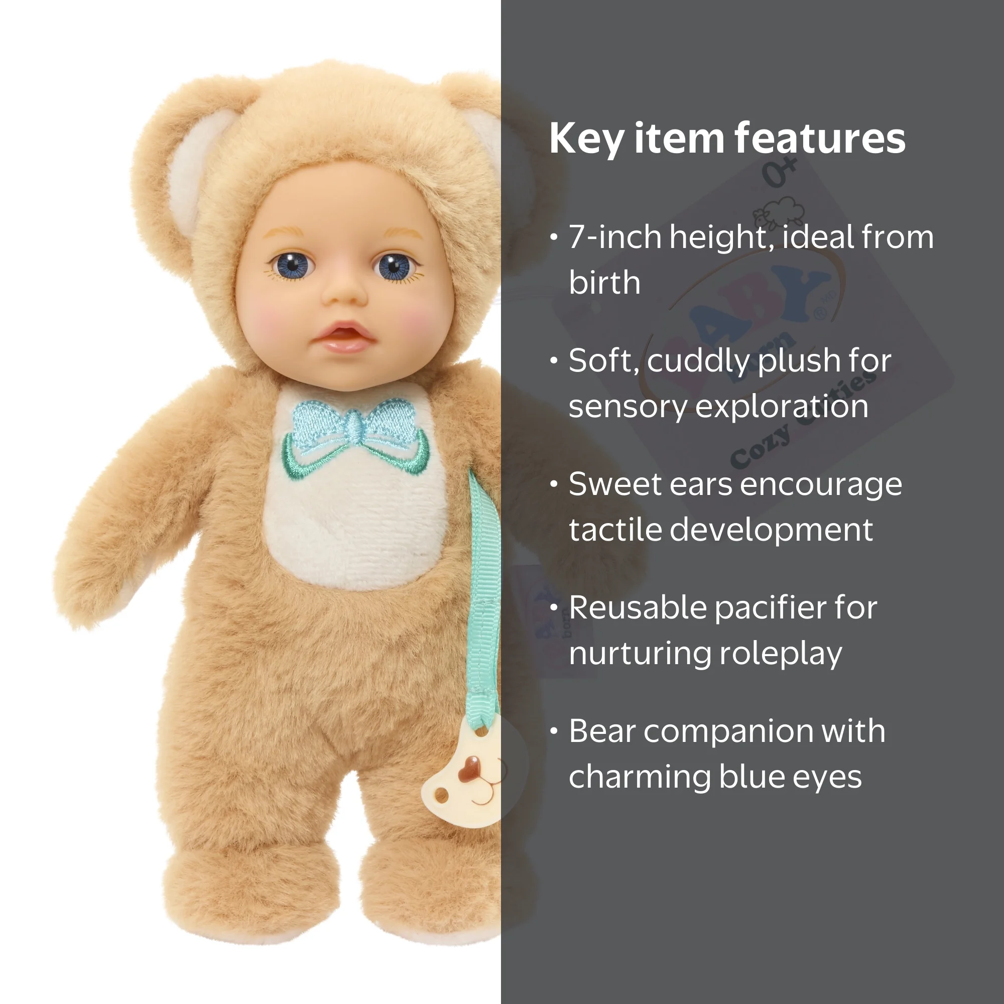 Baby Born Cozy Cuties Soft Baby Doll - Bear with Blue Eyes, Plush