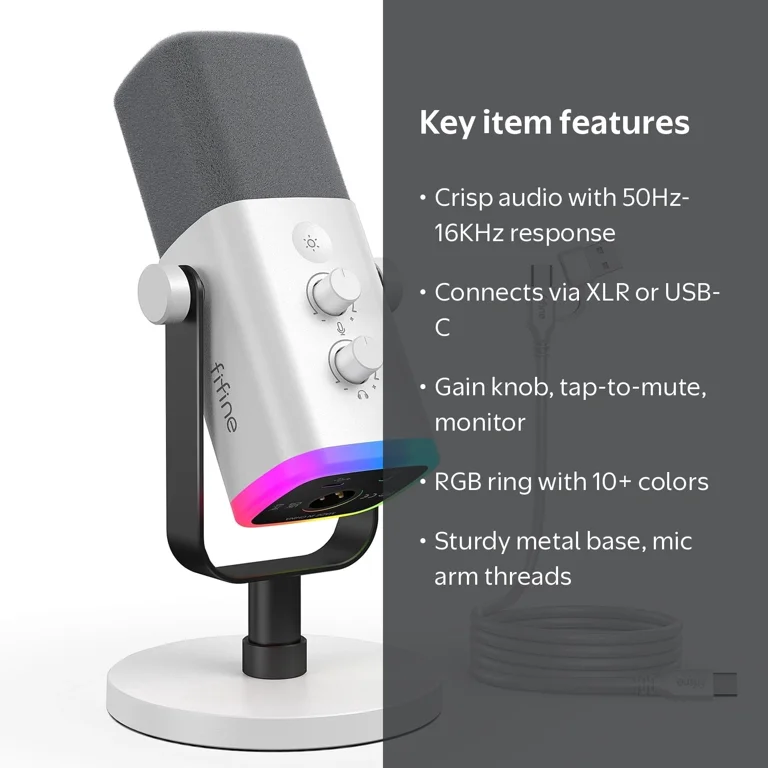 FIFINE, Microphone, USB and XLR, RGB, Headphone Jack, White