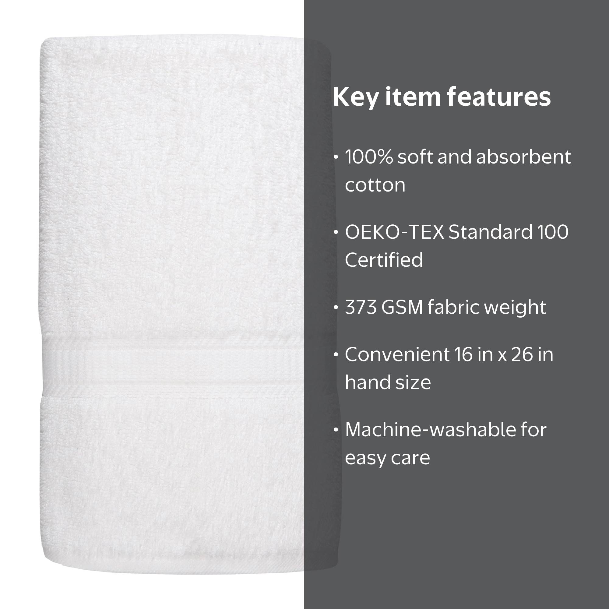 Mainstays Cotton Hand Towel, 16x26 inches, Soft, Absorbent, White