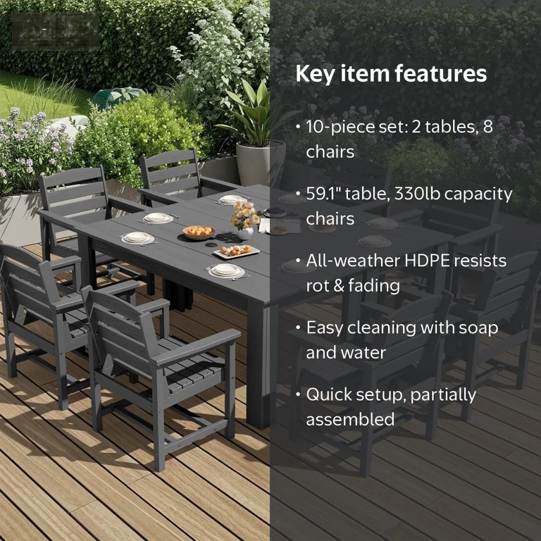 SERWALL 10-Piece Outdoor Dining Set, 2 Rectangle 59
