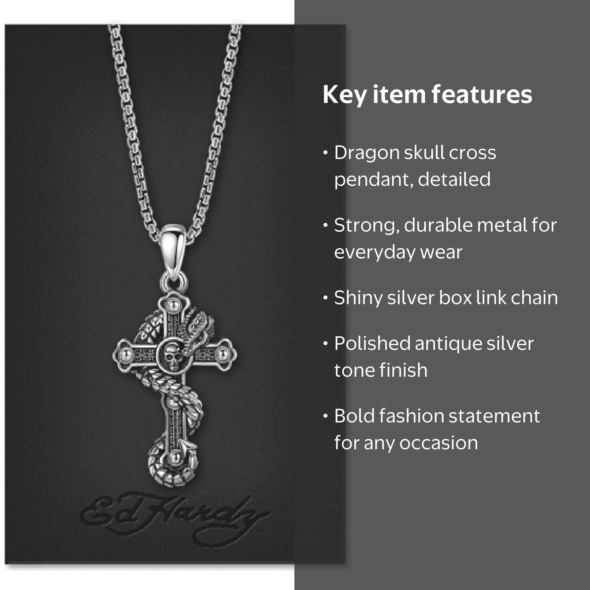 Ed Hardy Men's Antique Silver Tone Metal Cross Pendant Necklace