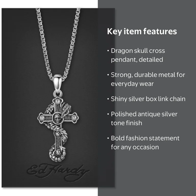 Ed Hardy Men's Antique Silver Tone Metal Cross Pendant Necklace
