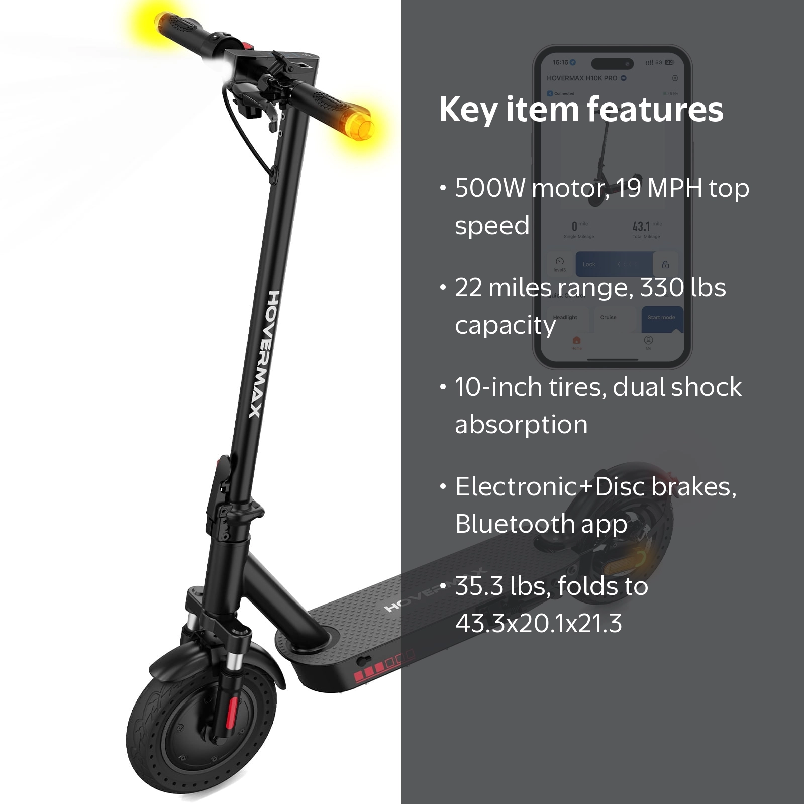 HOVERMAX 500W Electric Scooter, 19MPH Speed, 22 Miles Range, 10