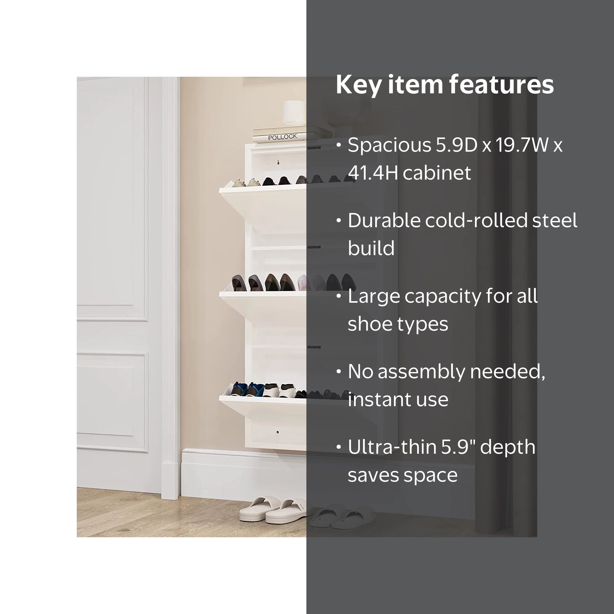 Dextrus Strong Entrance Metal Shoe Cabinet, 3 Flip Drawers, Wall