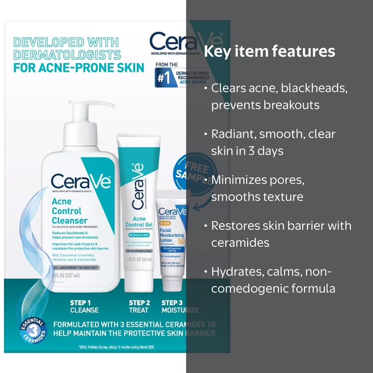 CeraVe Acne Essentials Skincare Set 3-Step Routine for Acne-Prone